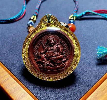 Handpainted Yellow Dzambhala Tsa Tsa, Tibetan God of Wealth Amulet, Sacred Medicine Clay Gau Box Pendant, Miniature Thangka Necklace Gift