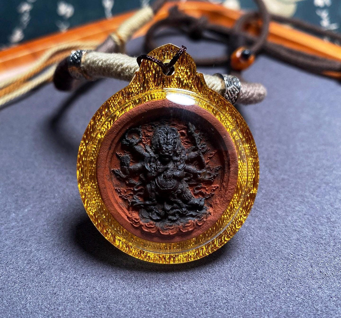 Handpainted Six Armed Mahakala Tsa Tsa, Tibetan Buddhist Protector Amulet, Color Block Medicine Clay Gau Box Pendant, Miniature Thangka Gift