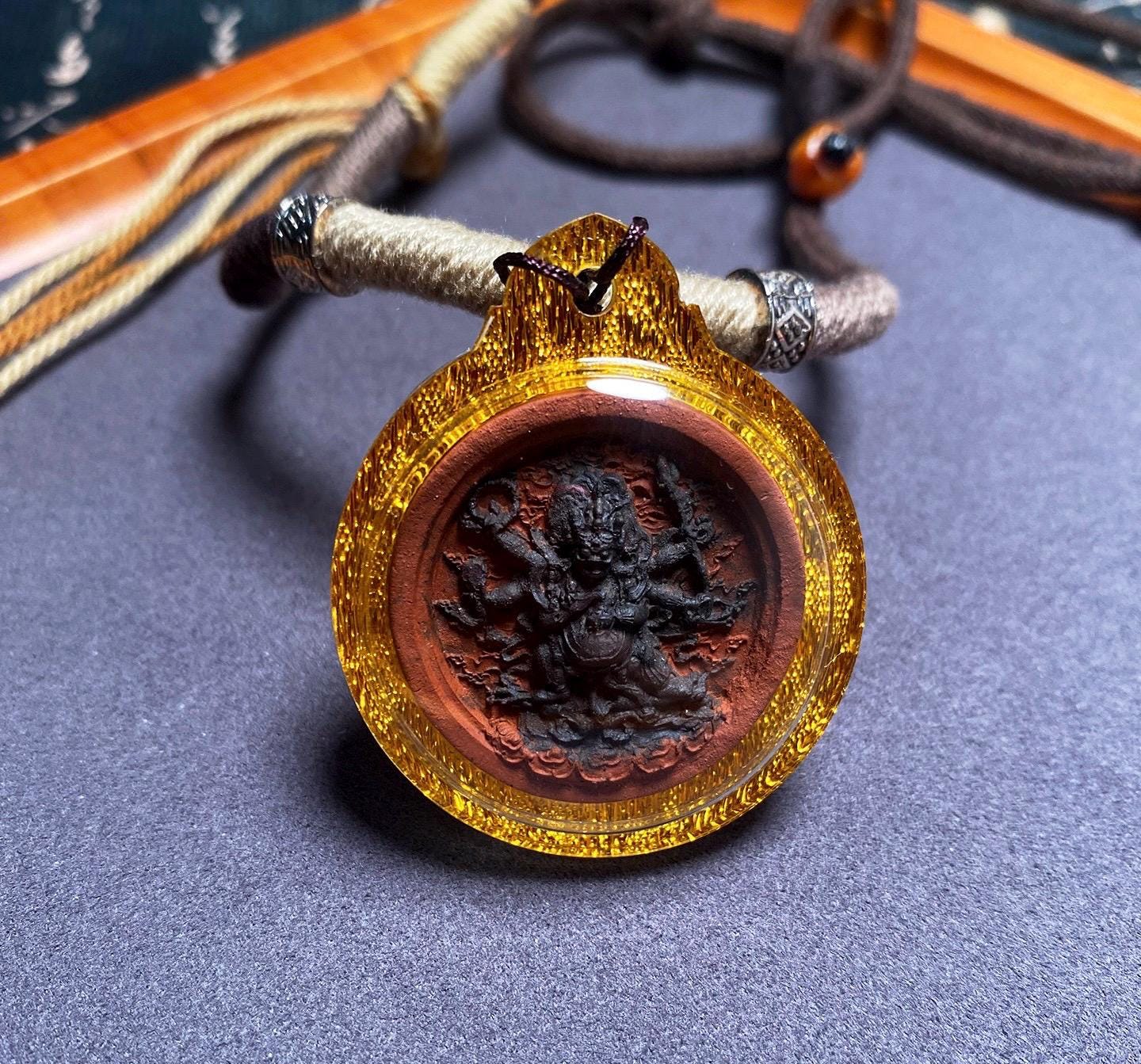 Handpainted Six Armed Mahakala Tsa Tsa, Tibetan Buddhist Protector Amulet, Color Block Medicine Clay Gau Box Pendant, Miniature Thangka Gift