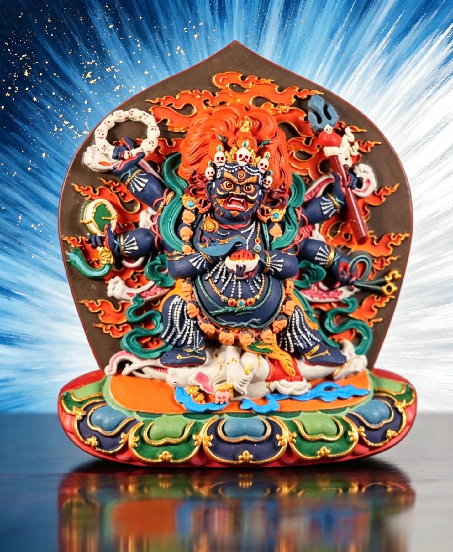 Six-Armed Mahākāla Statue – Hand-Painted Tibetan Buddhist Protector – Handmade in Tibet – Home Altar Shrine Decor