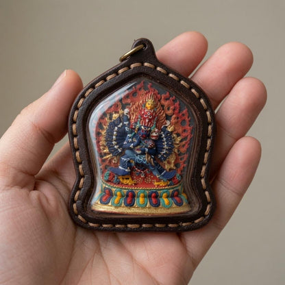 3D Painted Yamantaka Tsa Tsa, Tibetan Wrathful Deity Amulet, Leather Gau Box Shrine Pendant, Handmade Buddhist Talisman Gift