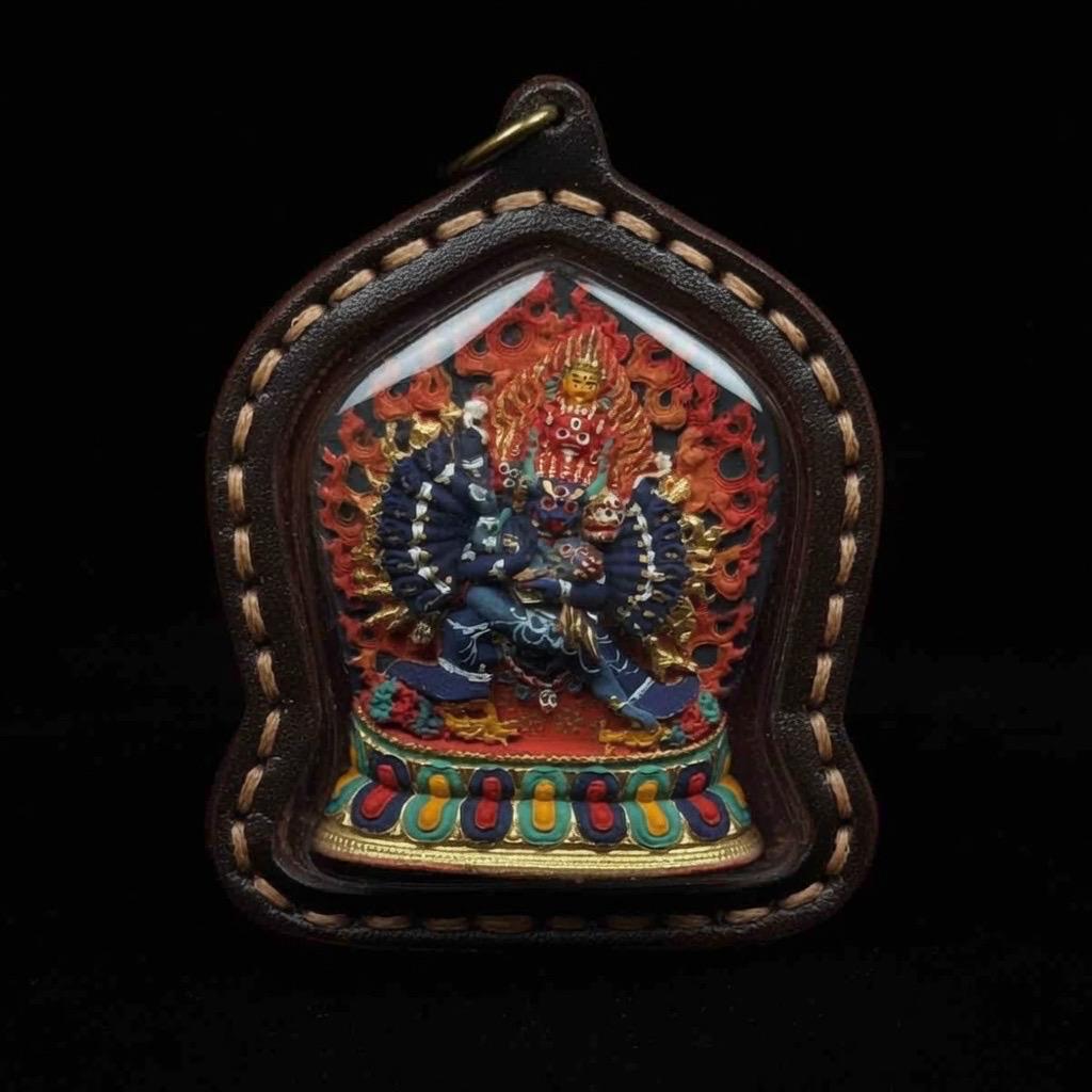 3D Painted Yamantaka Tsa Tsa, Tibetan Wrathful Deity Amulet, Leather Gau Box Shrine Pendant, Handmade Buddhist Talisman Gift