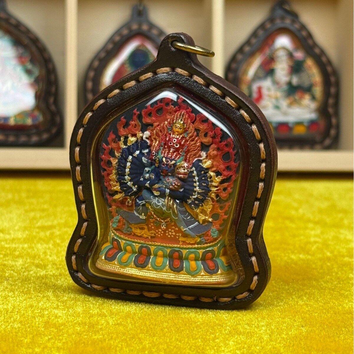 3D Painted Yamantaka Tsa Tsa, Tibetan Wrathful Deity Amulet, Leather Gau Box Shrine Pendant, Handmade Buddhist Talisman Gift