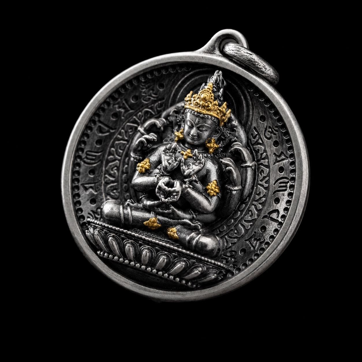 12 Armed Manjushri Pendant 925 Silver 24k Gold Plated, Wisdom Heart Protection Wheel Amulet, Vintage Sacred Buddhist Jewelry Gift