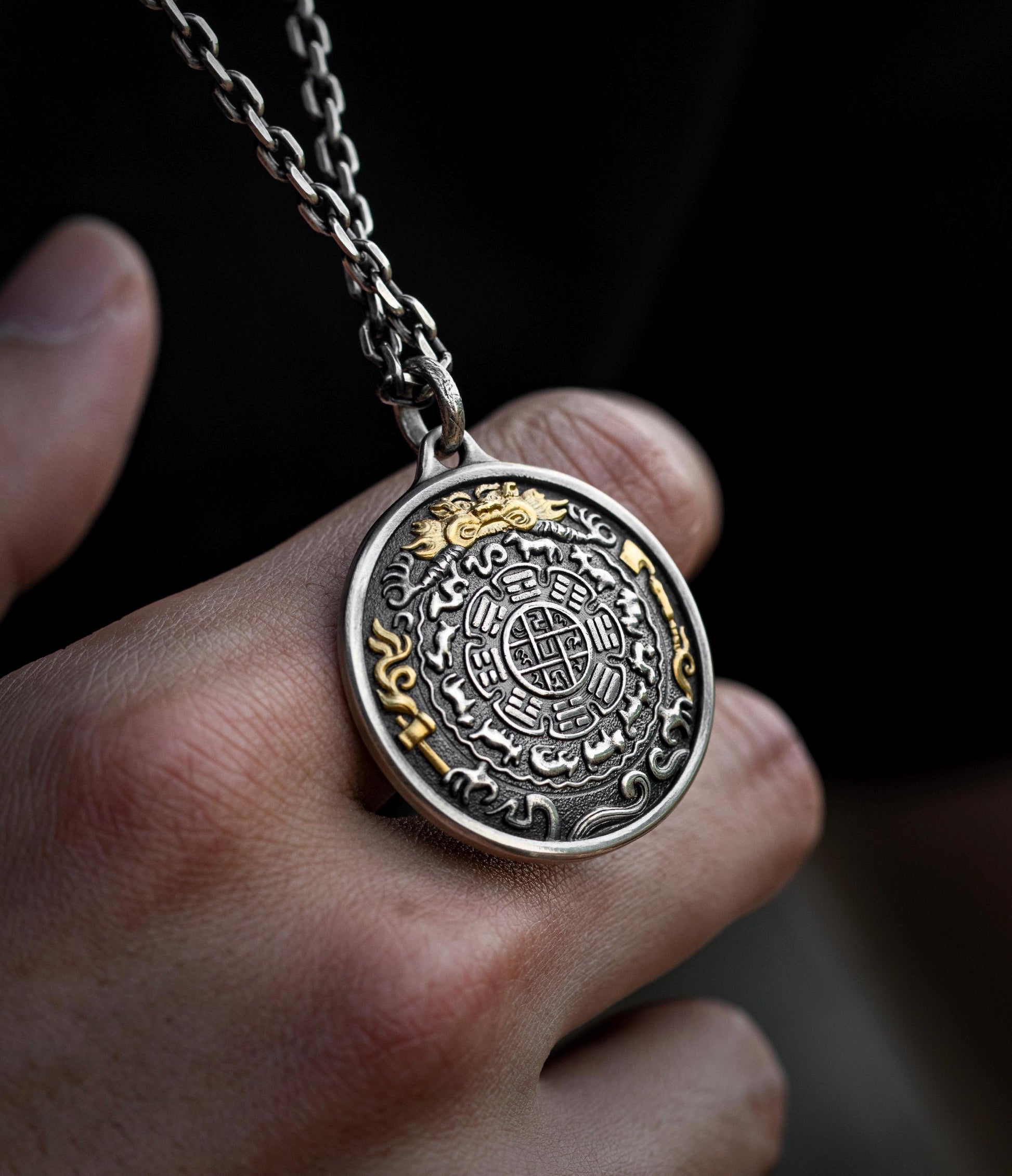 12 Armed Manjushri Pendant 925 Silver 24k Gold Plated, Wisdom Heart Protection Wheel Amulet, Vintage Sacred Buddhist Jewelry Gift