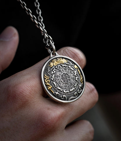 12 Armed Manjushri Pendant 925 Silver 24k Gold Plated, Wisdom Heart Protection Wheel Amulet, Vintage Sacred Buddhist Jewelry Gift
