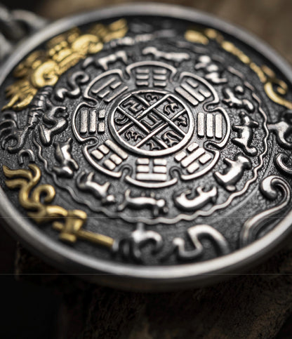 12 Armed Manjushri Pendant 925 Silver 24k Gold Plated, Wisdom Heart Protection Wheel Amulet, Vintage Sacred Buddhist Jewelry Gift
