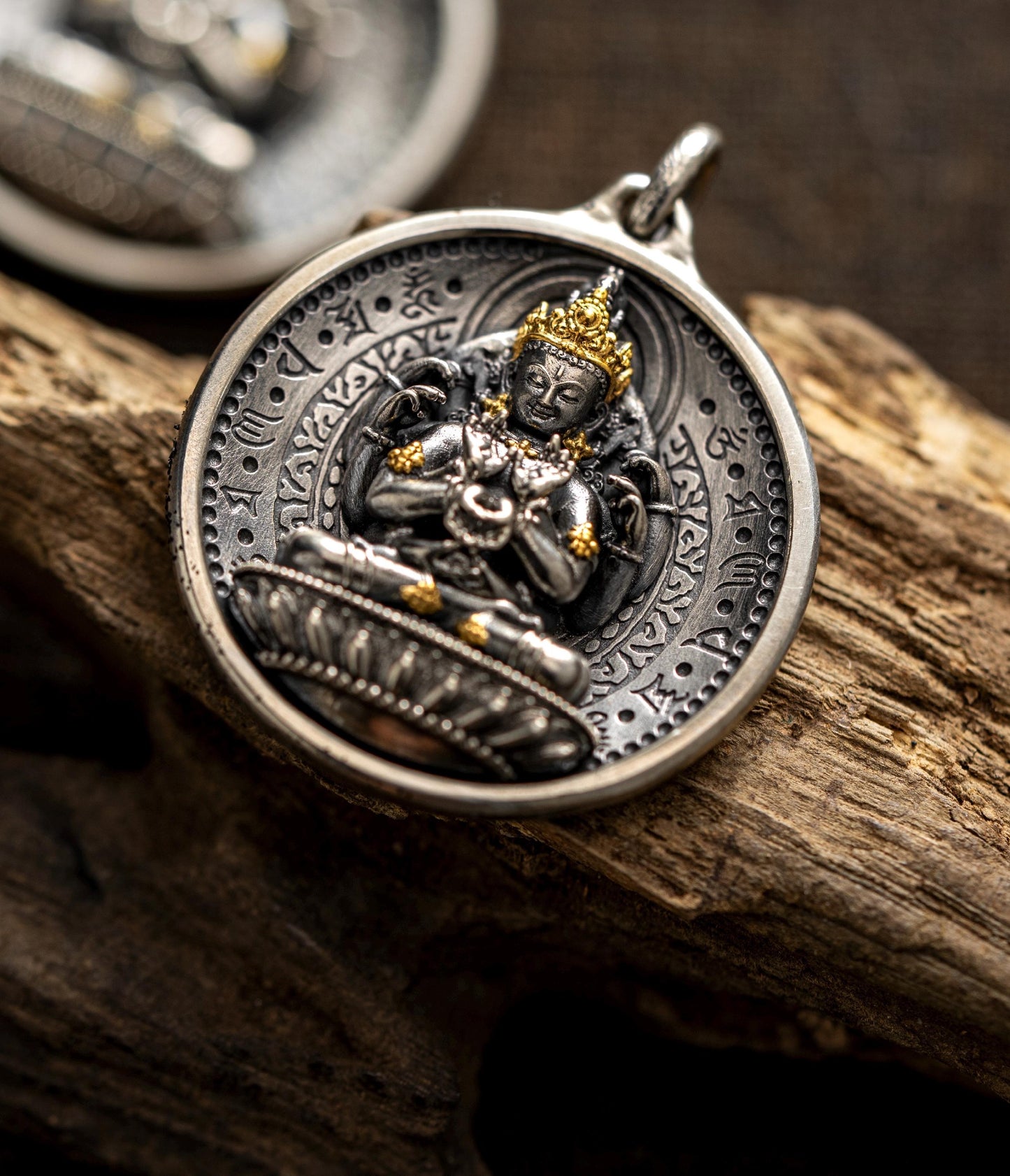 12 Armed Manjushri Pendant 925 Silver 24k Gold Plated, Wisdom Heart Protection Wheel Amulet, Vintage Sacred Buddhist Jewelry Gift
