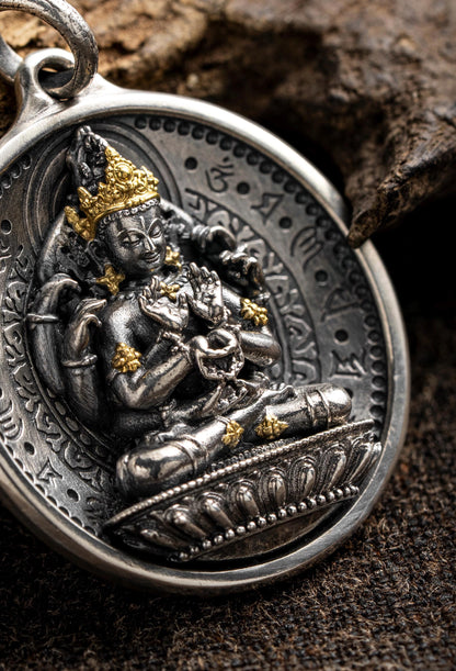 12 Armed Manjushri Pendant 925 Silver 24k Gold Plated, Wisdom Heart Protection Wheel Amulet, Vintage Sacred Buddhist Jewelry Gift