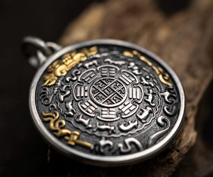 12 Armed Manjushri Pendant 925 Silver 24k Gold Plated, Wisdom Heart Protection Wheel Amulet, Vintage Sacred Buddhist Jewelry Gift