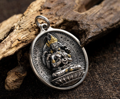 12 Armed Manjushri Pendant 925 Silver 24k Gold Plated, Wisdom Heart Protection Wheel Amulet, Vintage Sacred Buddhist Jewelry Gift