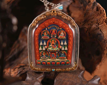 Double Sided Manjushri Yamantaka Tsa Tsa, Handpainted Tibetan Amulet, 925 Silver Gau Box Pendant, Sacred Buddhist Wisdom Jewelry