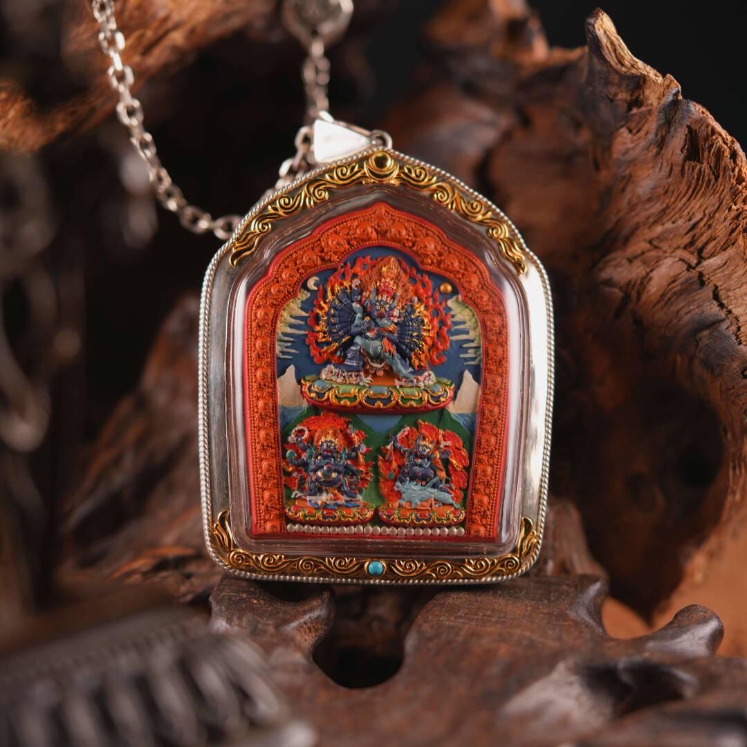 Double Sided Manjushri Yamantaka Tsa Tsa, Handpainted Tibetan Amulet, 925 Silver Gau Box Pendant, Sacred Buddhist Wisdom Jewelry
