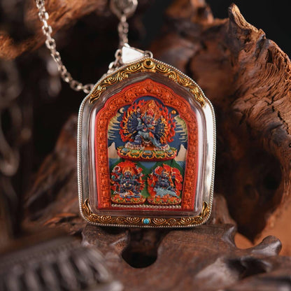 Double Sided Manjushri Yamantaka Tsa Tsa, Handpainted Tibetan Amulet, 925 Silver Gau Box Pendant, Sacred Buddhist Wisdom Jewelry