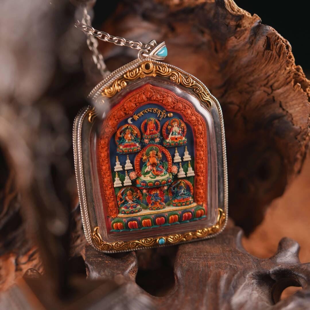 Double Sided Manjushri Yamantaka Tsa Tsa, Handpainted Tibetan Amulet, 925 Silver Gau Box Pendant, Sacred Buddhist Wisdom Jewelry