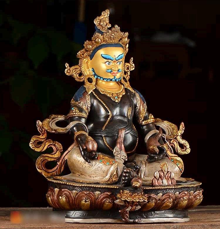 Nepalese Yellow Jambhala Statue, Copper Gold Silver Plated Wealth God Statue, Handmade Tibetan Buddhist Shrine Altar Home Decor