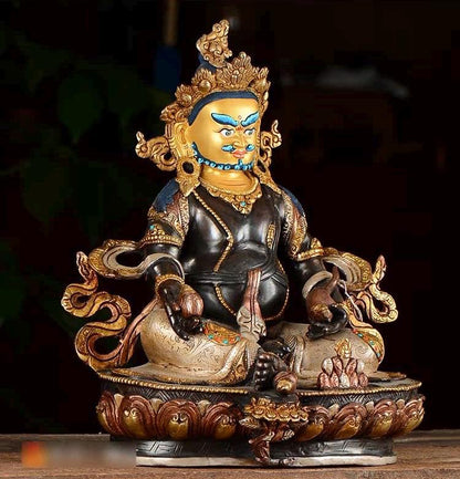 Nepalese Yellow Jambhala Statue, Copper Gold Silver Plated Wealth God Statue, Handmade Tibetan Buddhist Shrine Altar Home Decor