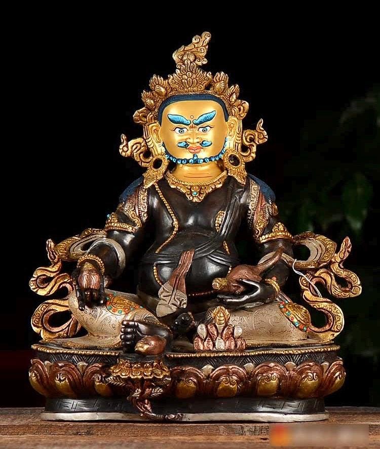 Nepalese Yellow Jambhala Statue, Copper Gold Silver Plated Wealth God Statue, Handmade Tibetan Buddhist Shrine Altar Home Decor