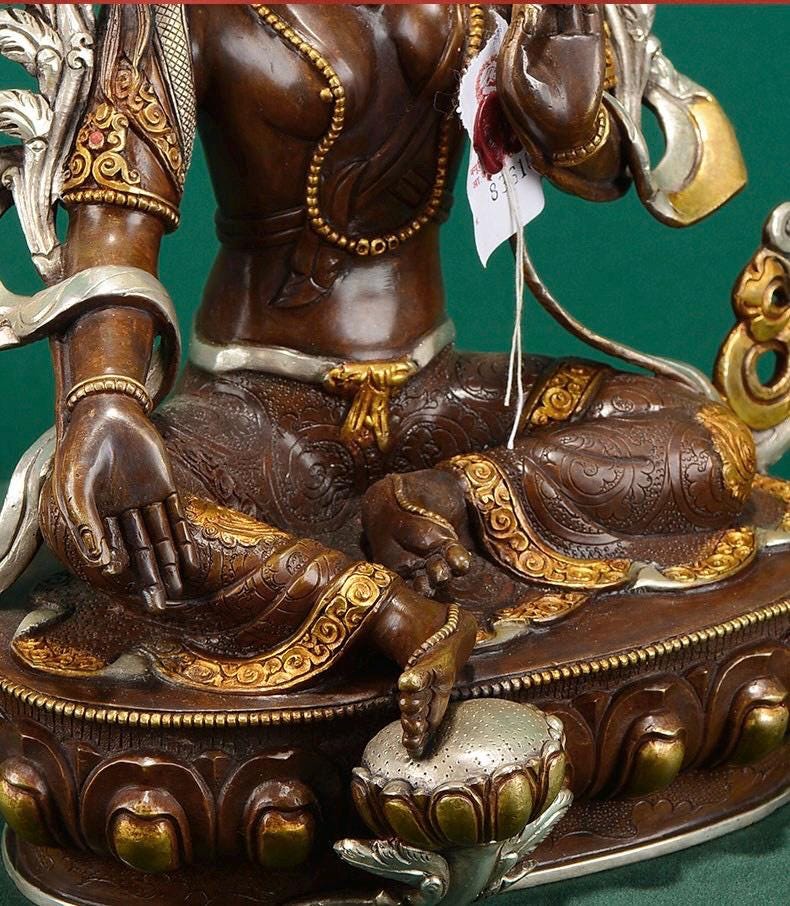 Nepalese Green Tara Statue, Copper Gold Silver Plated Buddhist Goddess Statue, Handmade Tibetan Shrine Altar Home Desktop Decor