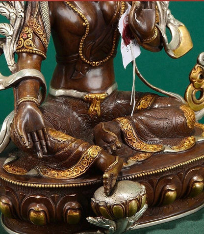 Nepalese Green Tara Statue, Copper Gold Silver Plated Buddhist Goddess Statue, Handmade Tibetan Shrine Altar Home Desktop Decor