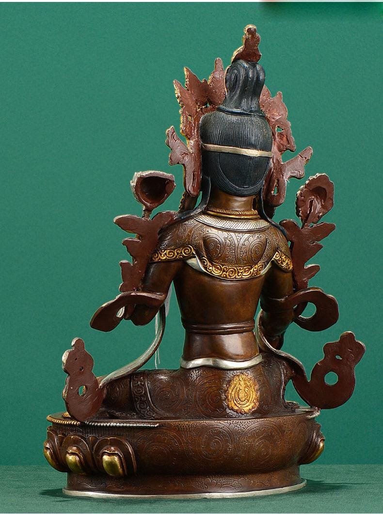 Nepalese Green Tara Statue, Copper Gold Silver Plated Buddhist Goddess Statue, Handmade Tibetan Shrine Altar Home Desktop Decor