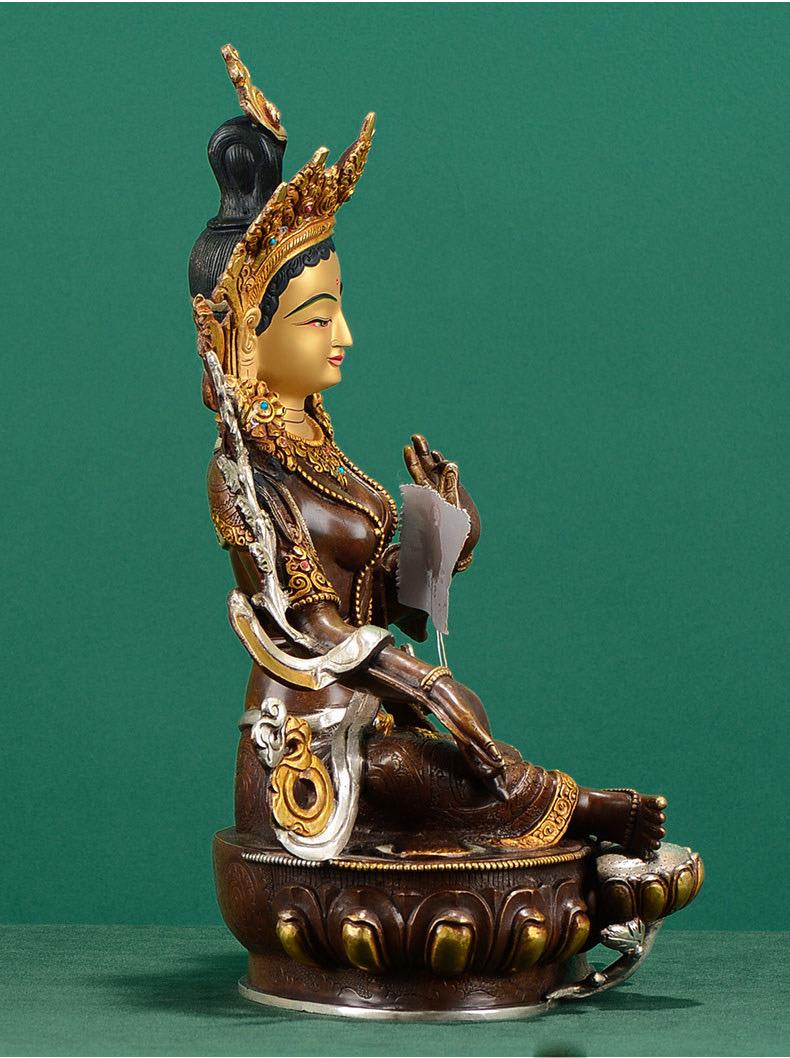 Nepalese Green Tara Statue, Copper Gold Silver Plated Buddhist Goddess Statue, Handmade Tibetan Shrine Altar Home Desktop Decor