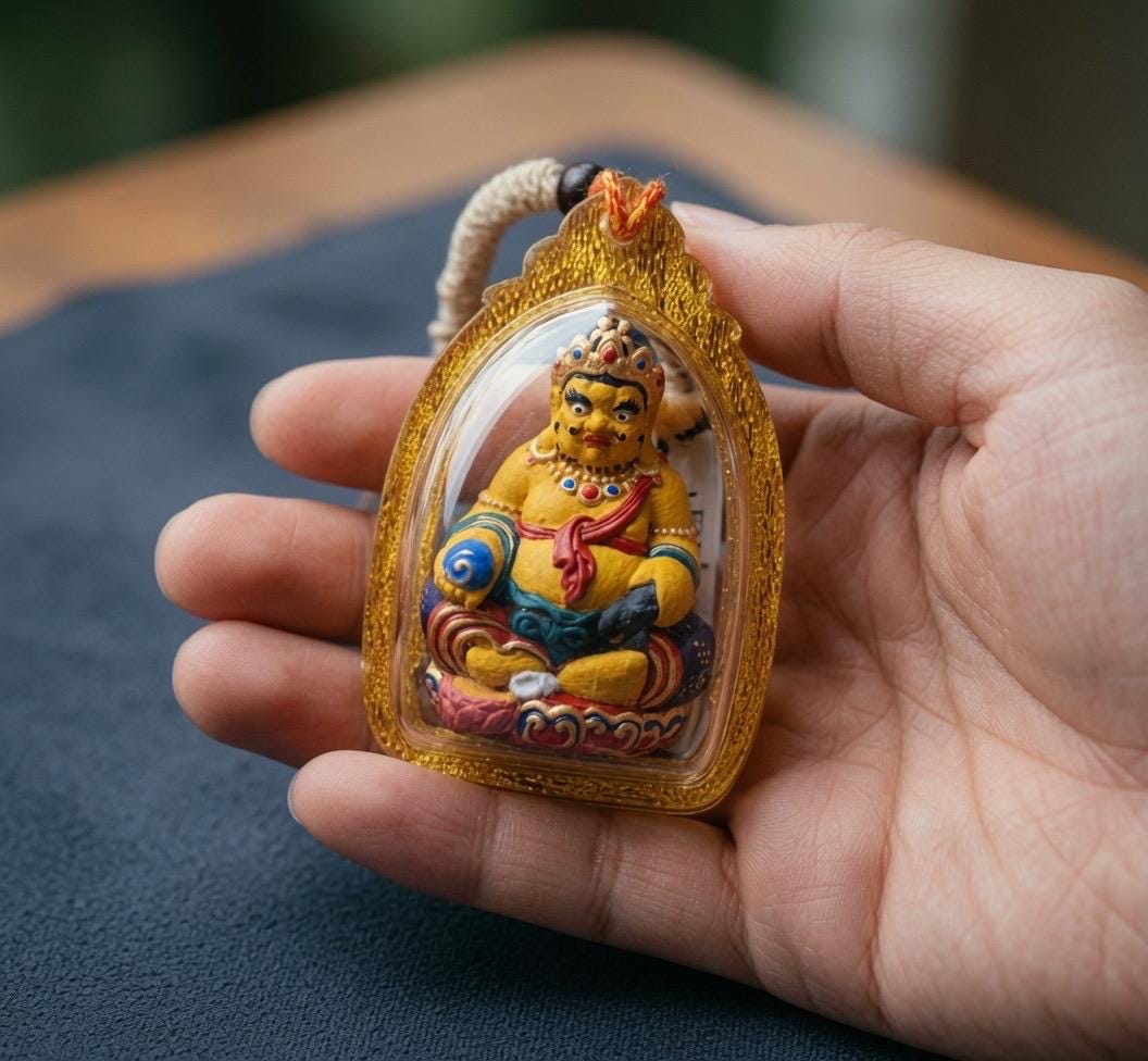 3D Handpainted Yellow Jambhala Tsa Tsa, Tibetan Wealth God Clay Amulet, Mineral Pigment Gau Box Pendant, Miniature Thangka Gift