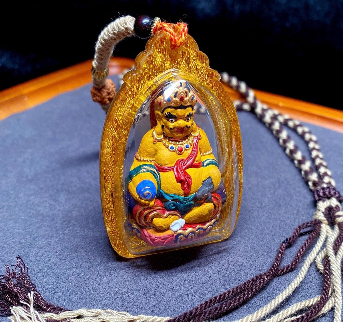 3D Handpainted Yellow Jambhala Tsa Tsa, Tibetan Wealth God Clay Amulet, Mineral Pigment Gau Box Pendant, Miniature Thangka Gift