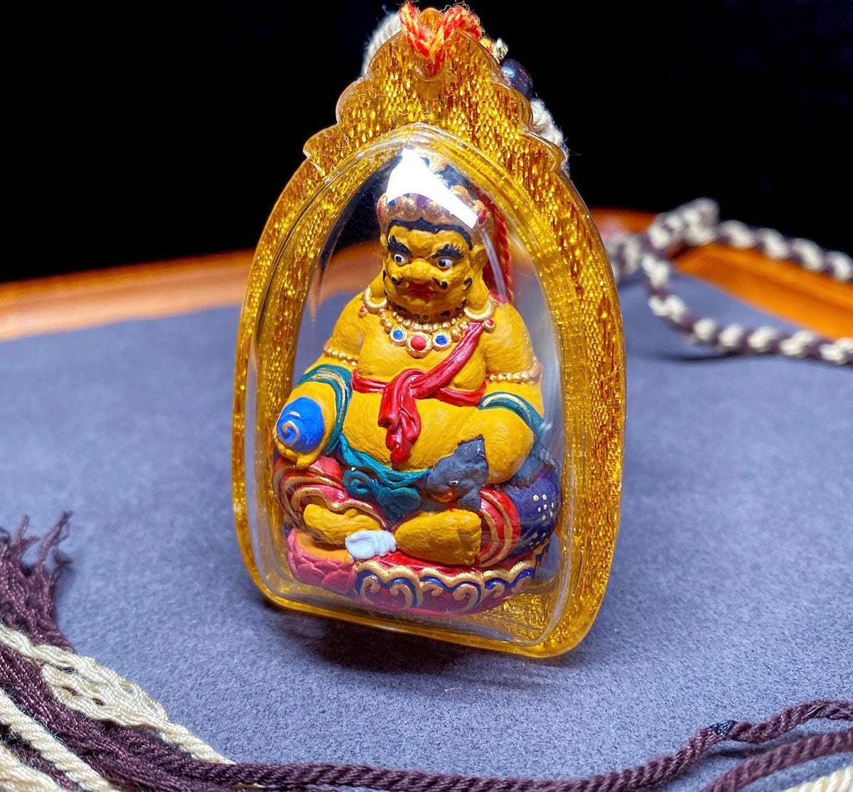 3D Handpainted Yellow Jambhala Tsa Tsa, Tibetan Wealth God Clay Amulet, Mineral Pigment Gau Box Pendant, Miniature Thangka Gift