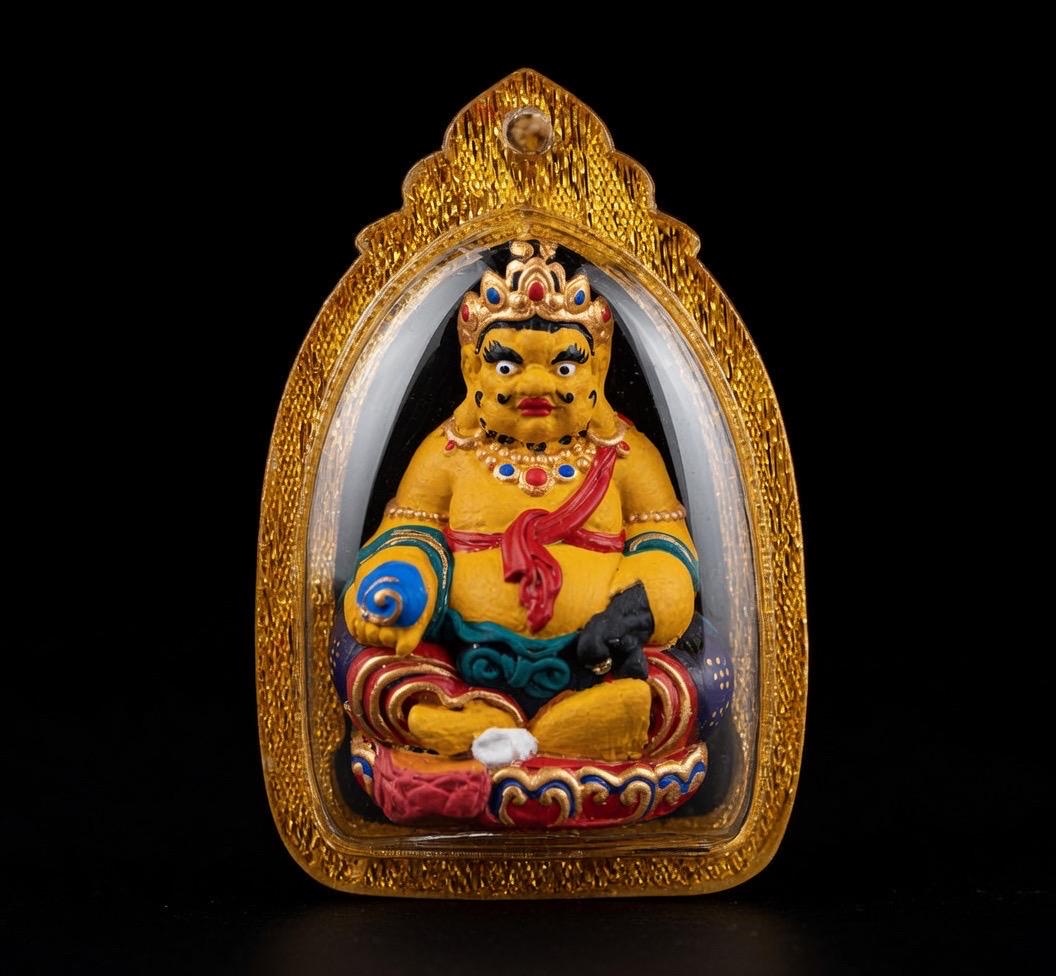 3D Handpainted Yellow Jambhala Tsa Tsa, Tibetan Wealth God Clay Amulet, Mineral Pigment Gau Box Pendant, Miniature Thangka Gift