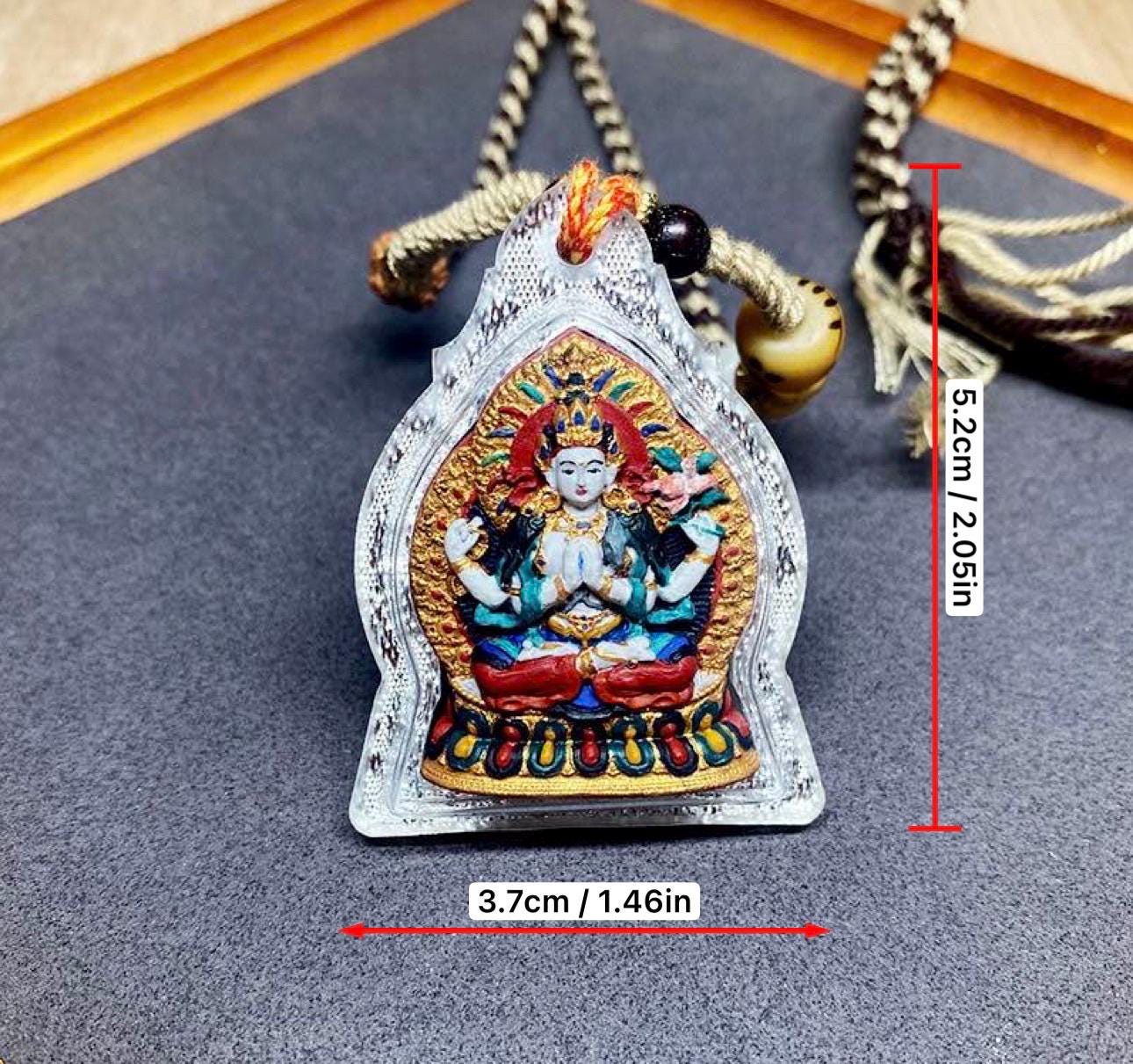 Handpainted Four Armed Chenrezig Tsa Tsa, Tibetan Avalokiteshvara Clay Amulet, Mineral Pigment Gau Box Pendant, Miniature Thangka Gift