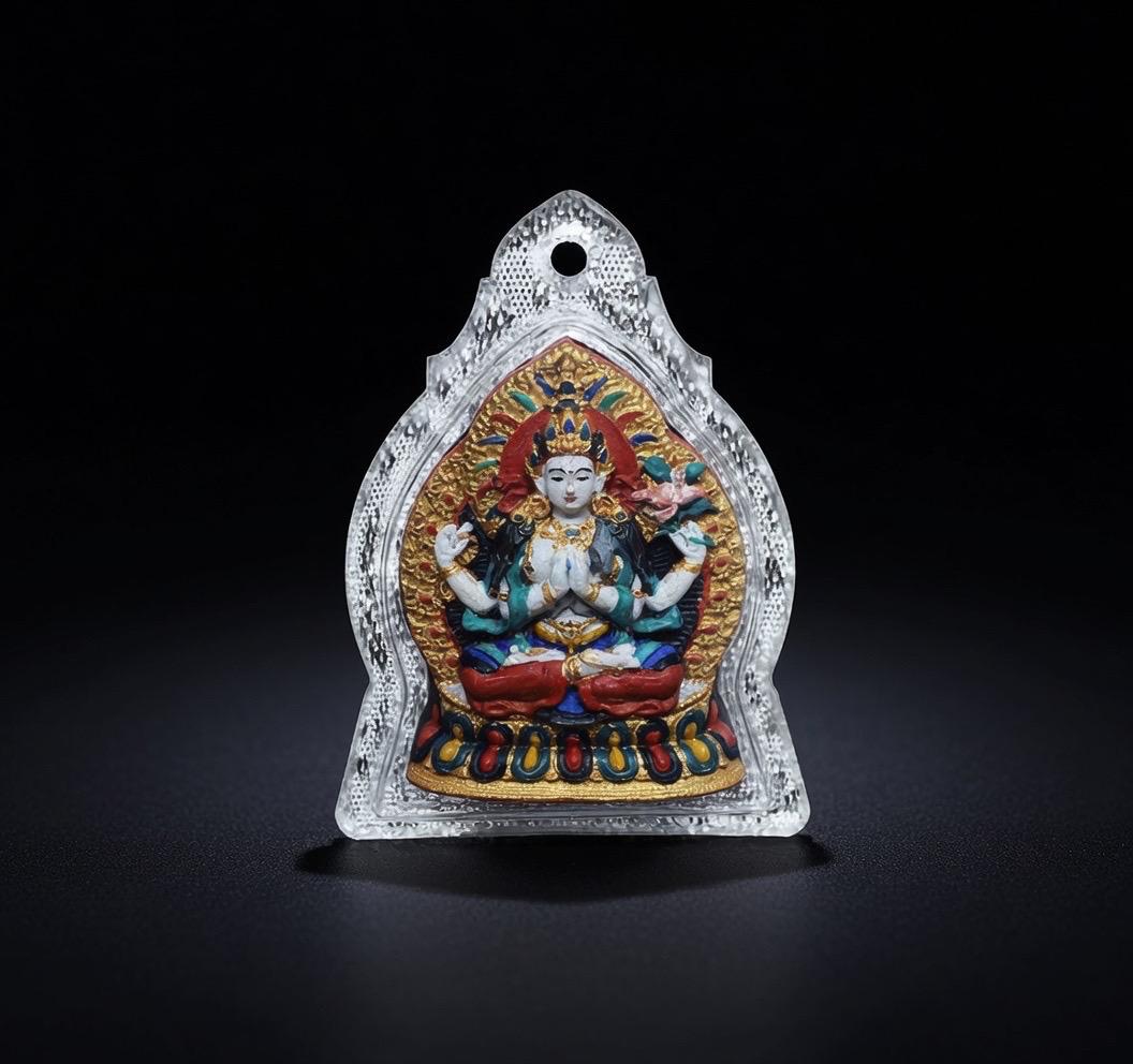 Handpainted Four Armed Chenrezig Tsa Tsa, Tibetan Avalokiteshvara Clay Amulet, Mineral Pigment Gau Box Pendant, Miniature Thangka Gift