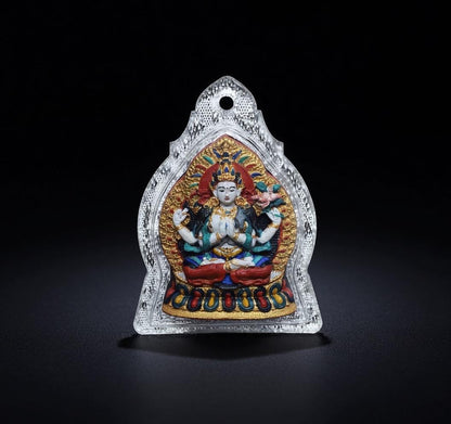 Handpainted Four Armed Chenrezig Tsa Tsa, Tibetan Avalokiteshvara Clay Amulet, Mineral Pigment Gau Box Pendant, Miniature Thangka Gift