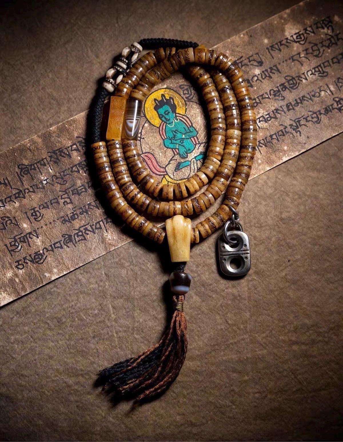 EverestArtStudios Vintage Tibetan Yak Bone Gaga Mala | 108 Bead Prayer Necklace | 8mm Handmade Buddhist Meditation Rosary