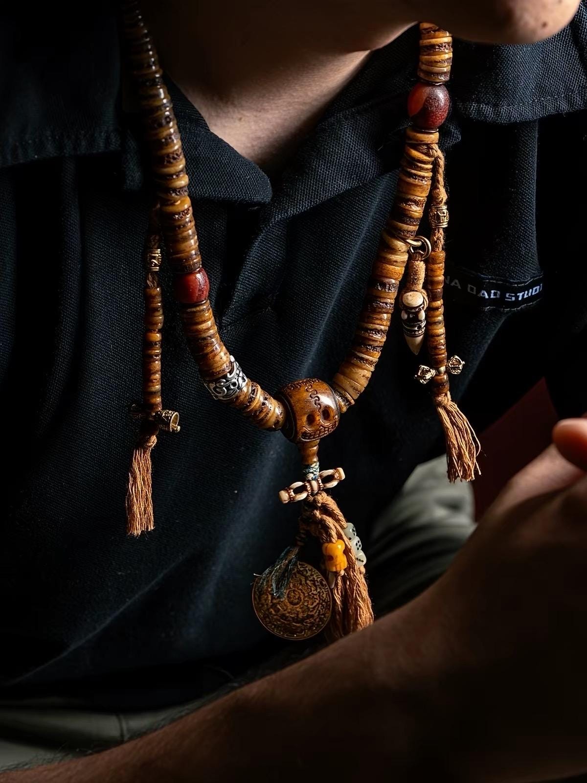 EverestArtStudios Vintage Tibetan Yak Bone Mala | 108 Bead Prayer Necklace | 0.47” (12mm) Handmade Buddhist Meditation