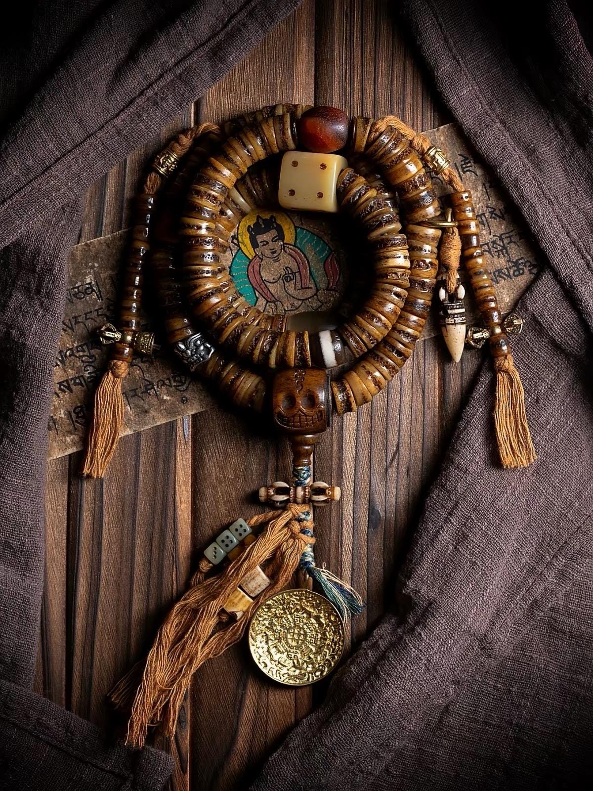 EverestArtStudios Vintage Tibetan Yak Bone Mala | 108 Bead Prayer Necklace | 0.47” (12mm) Handmade Buddhist Meditation