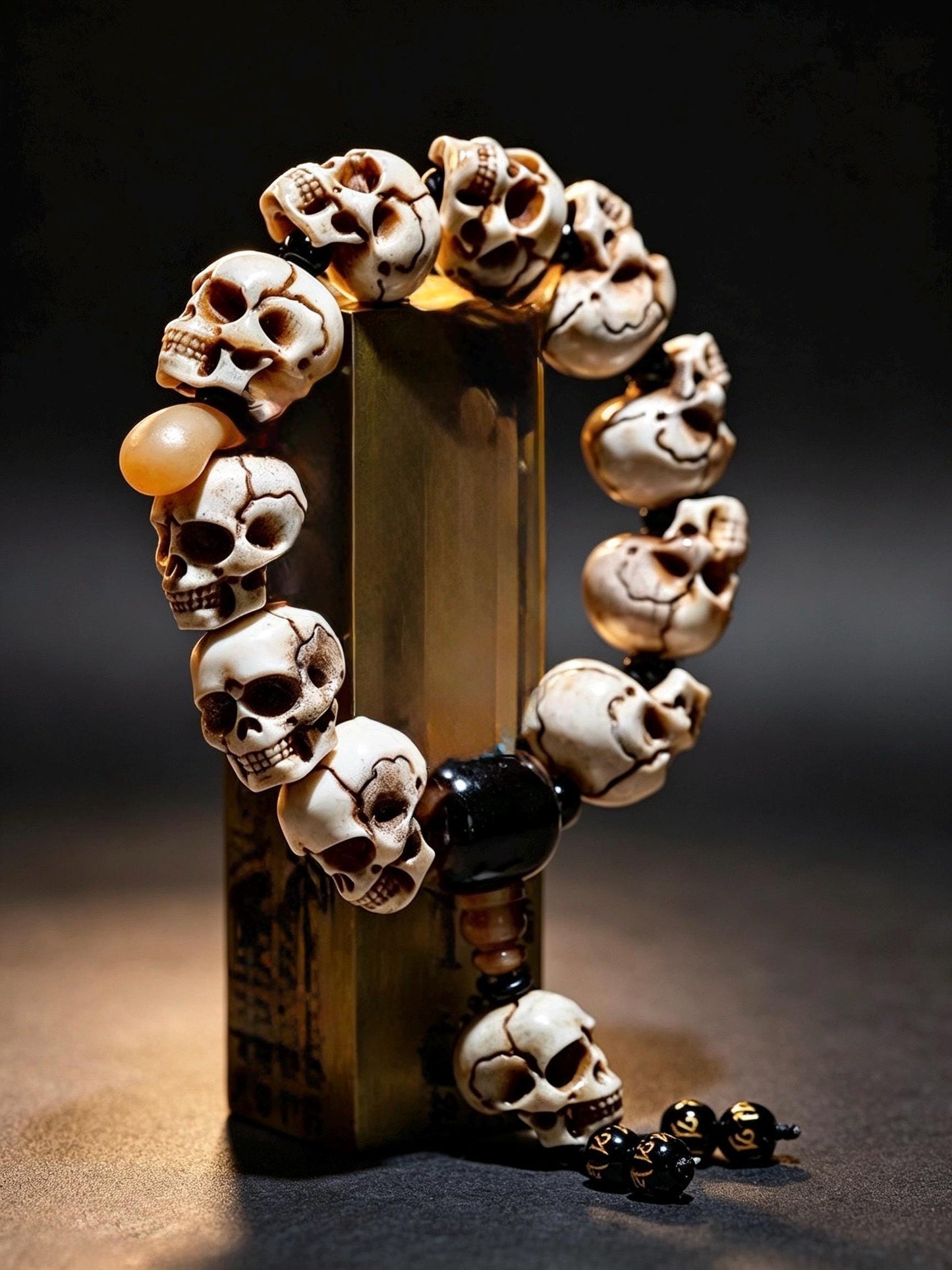 Natural Aged Antler Skull Bead Bracelet – Hand-Carved Charnel Ground Guardian Design