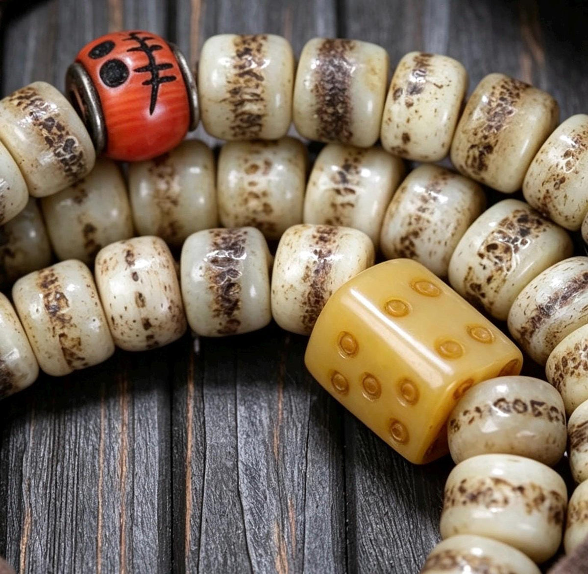 EverestArtStudios Vintage Handmade Original Design Tibetan Yak Bone Barrel Bead 108 Mala Necklace & Wrap Bracelet