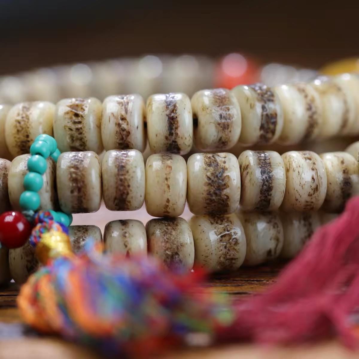 EverestArtStudios Vintage Handmade Original Design Tibetan Yak Bone Barrel Bead 108 Mala Necklace & Wrap Bracelet