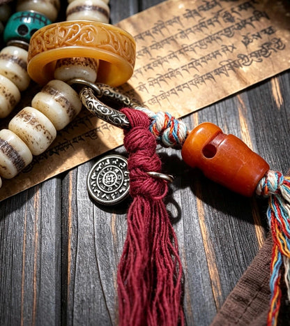 EverestArtStudios Vintage Handmade Original Design Tibetan Yak Bone Barrel Bead 108 Mala Necklace & Wrap Bracelet