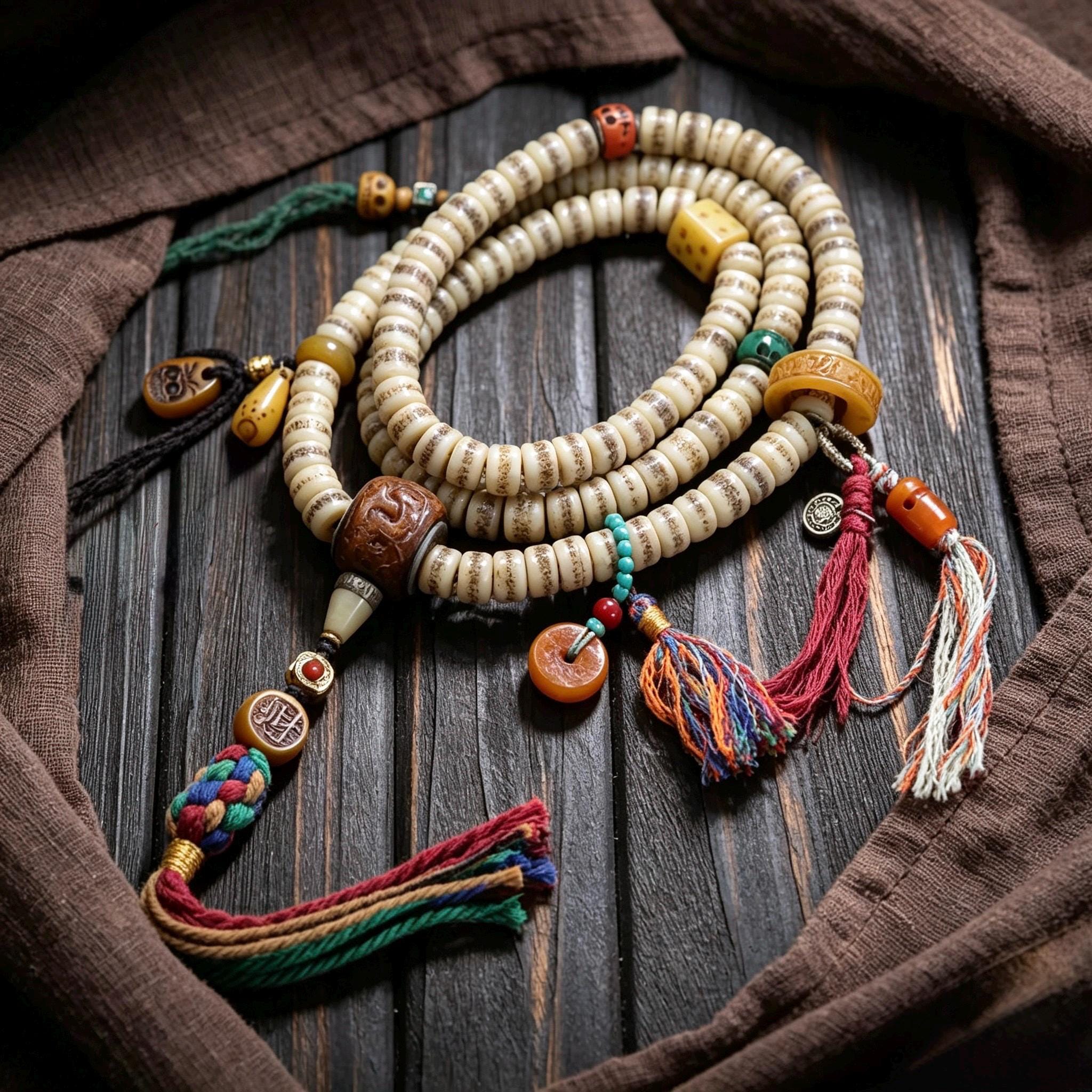 EverestArtStudios Vintage Handmade Original Design Tibetan Yak Bone Barrel Bead 108 Mala Necklace & Wrap Bracelet