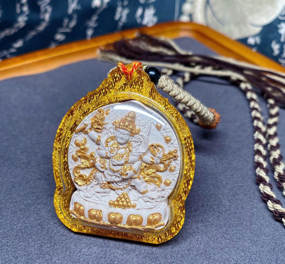Handpainted Red Jambhala Tsa Tsa, Tibetan Wealth Deity Clay Amulet, Mineral Pigment Gau Box Pendant, Miniature Thangka Gift