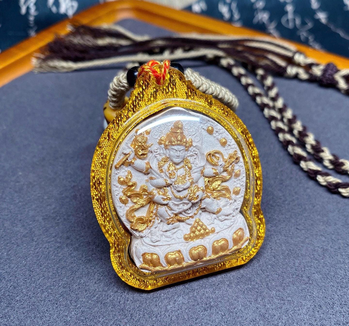 Handpainted Red Jambhala Tsa Tsa, Tibetan Wealth Deity Clay Amulet, Mineral Pigment Gau Box Pendant, Miniature Thangka Gift