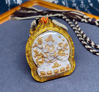 Handpainted Red Jambhala Tsa Tsa, Tibetan Wealth Deity Clay Amulet, Mineral Pigment Gau Box Pendant, Miniature Thangka Gift