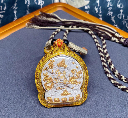 Handpainted Red Jambhala Tsa Tsa, Tibetan Wealth Deity Clay Amulet, Mineral Pigment Gau Box Pendant, Miniature Thangka Gift