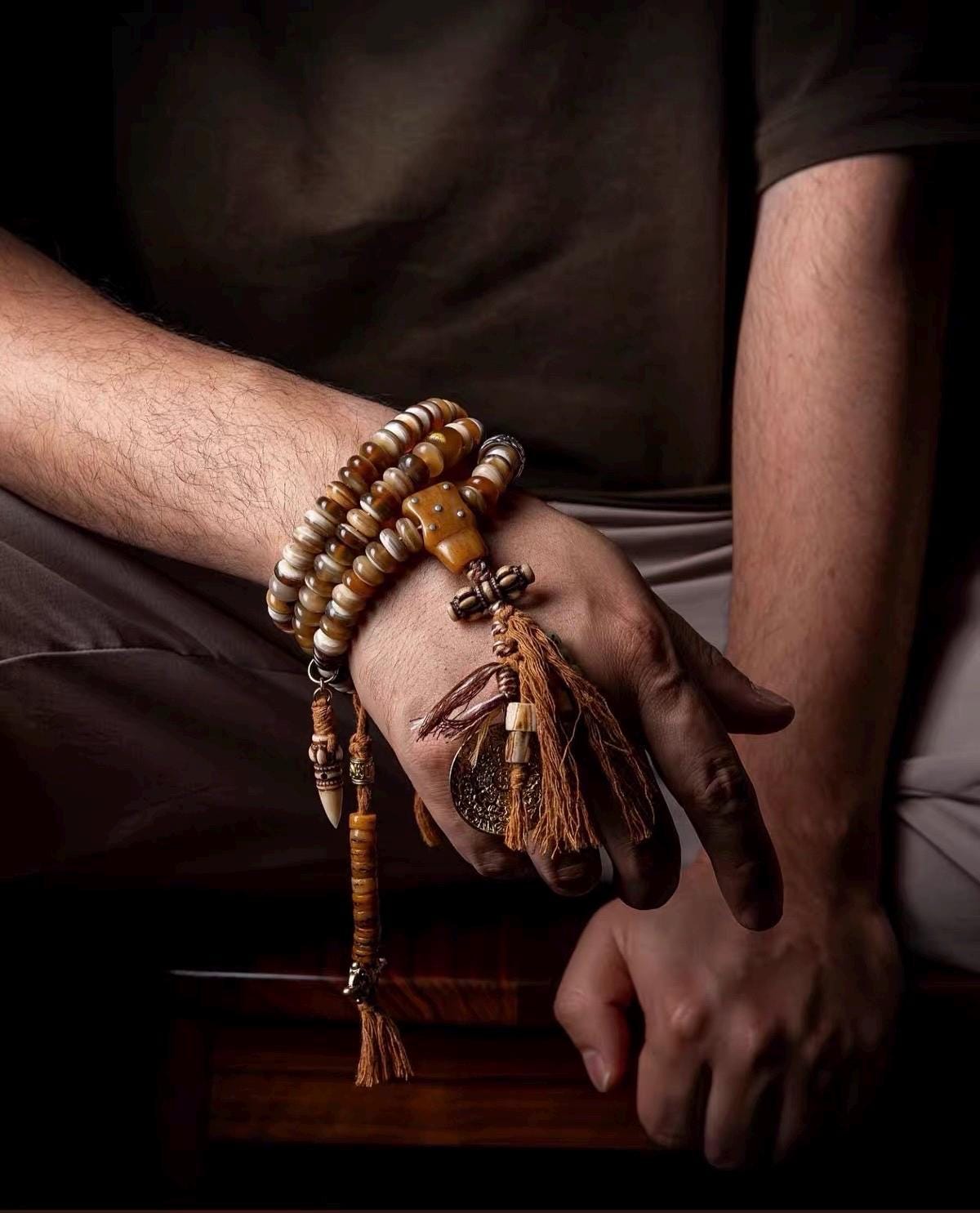 EverestArtStudios Tibetan-Style Twisted Goat Horn Mala Bracelet | 108 Beads | Original Design | Handmade Buddhist Prayer Beads