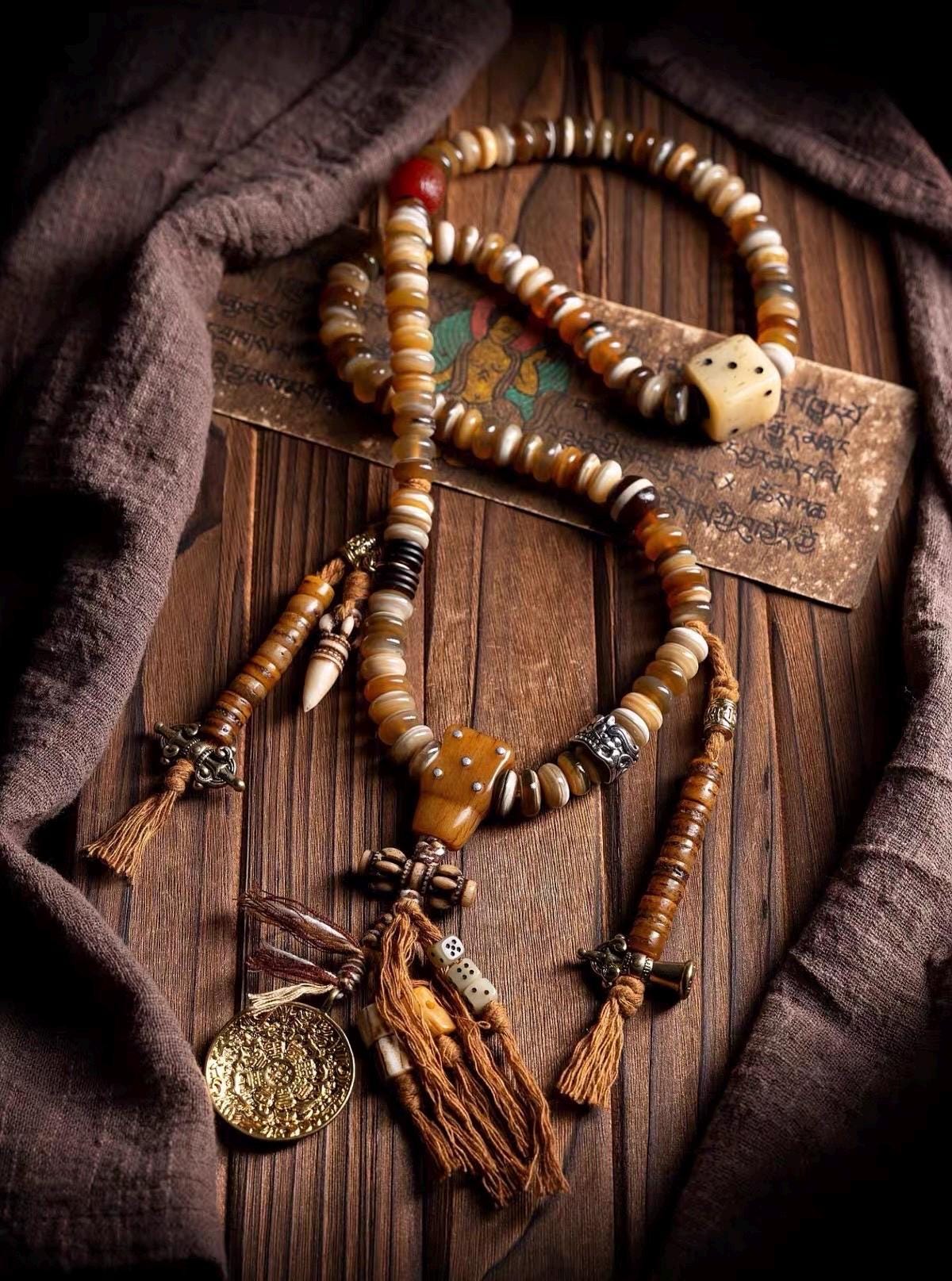 EverestArtStudios Tibetan-Style Twisted Goat Horn Mala Bracelet | 108 Beads | Original Design | Handmade Buddhist Prayer Beads