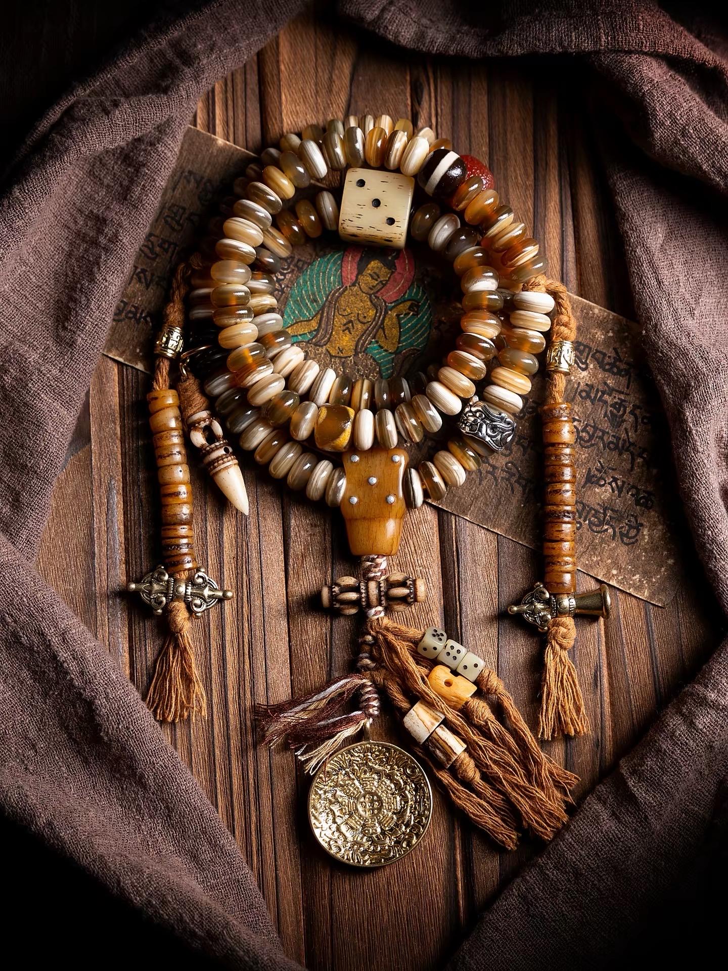 EverestArtStudios Tibetan-Style Twisted Goat Horn Mala Bracelet | 108 Beads | Original Design | Handmade Buddhist Prayer Beads