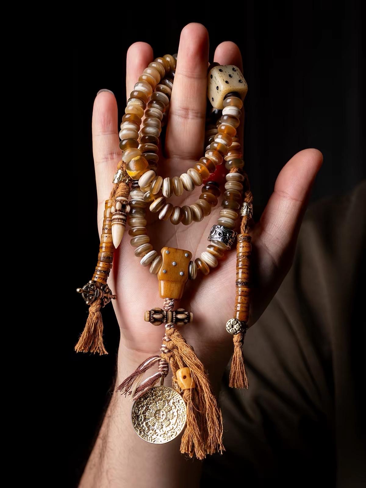 EverestArtStudios Tibetan-Style Twisted Goat Horn Mala Bracelet | 108 Beads | Original Design | Handmade Buddhist Prayer Beads