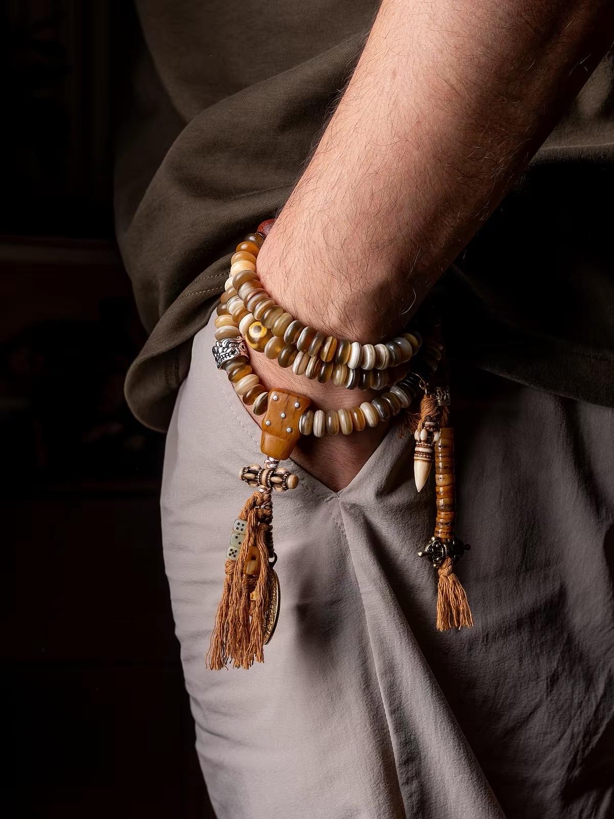 EverestArtStudios Tibetan-Style Twisted Goat Horn Mala Bracelet | 108 Beads | Original Design | Handmade Buddhist Prayer Beads